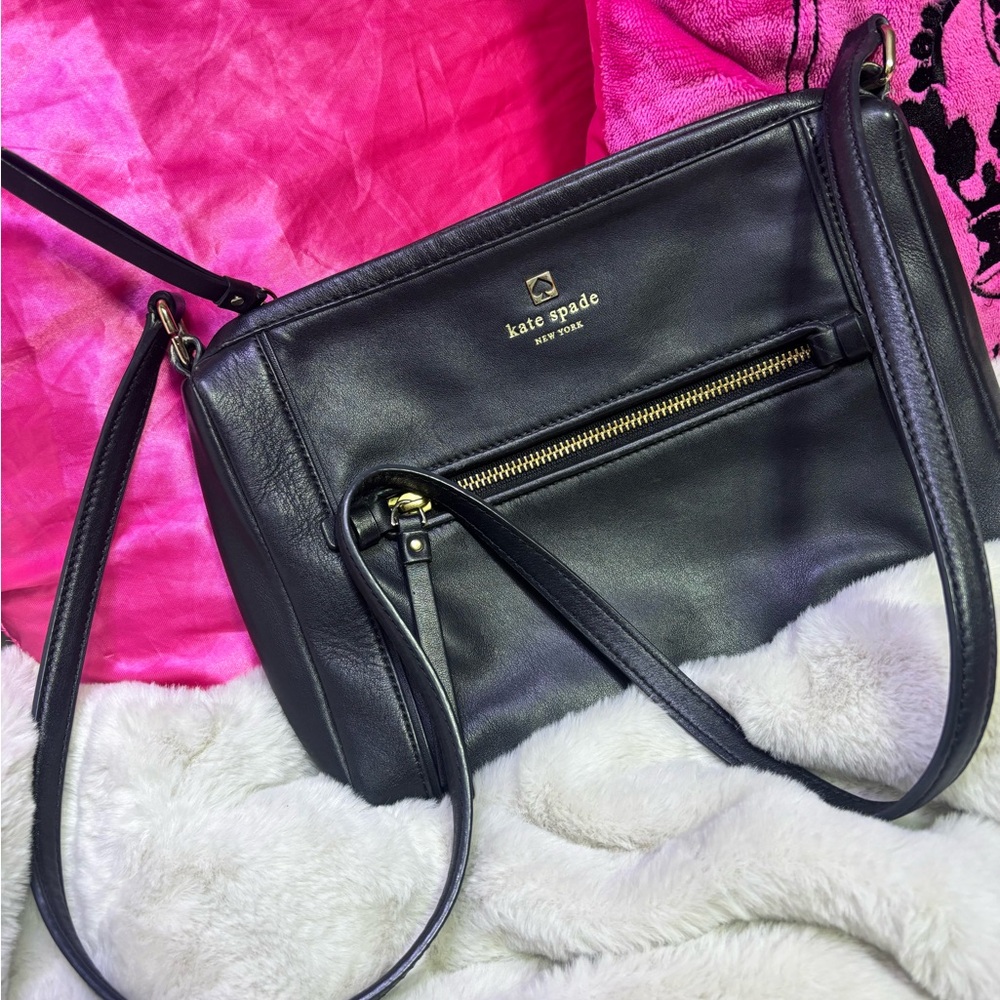 kate spade Black Leather Crossbody with Gold Hardware and Front Zip